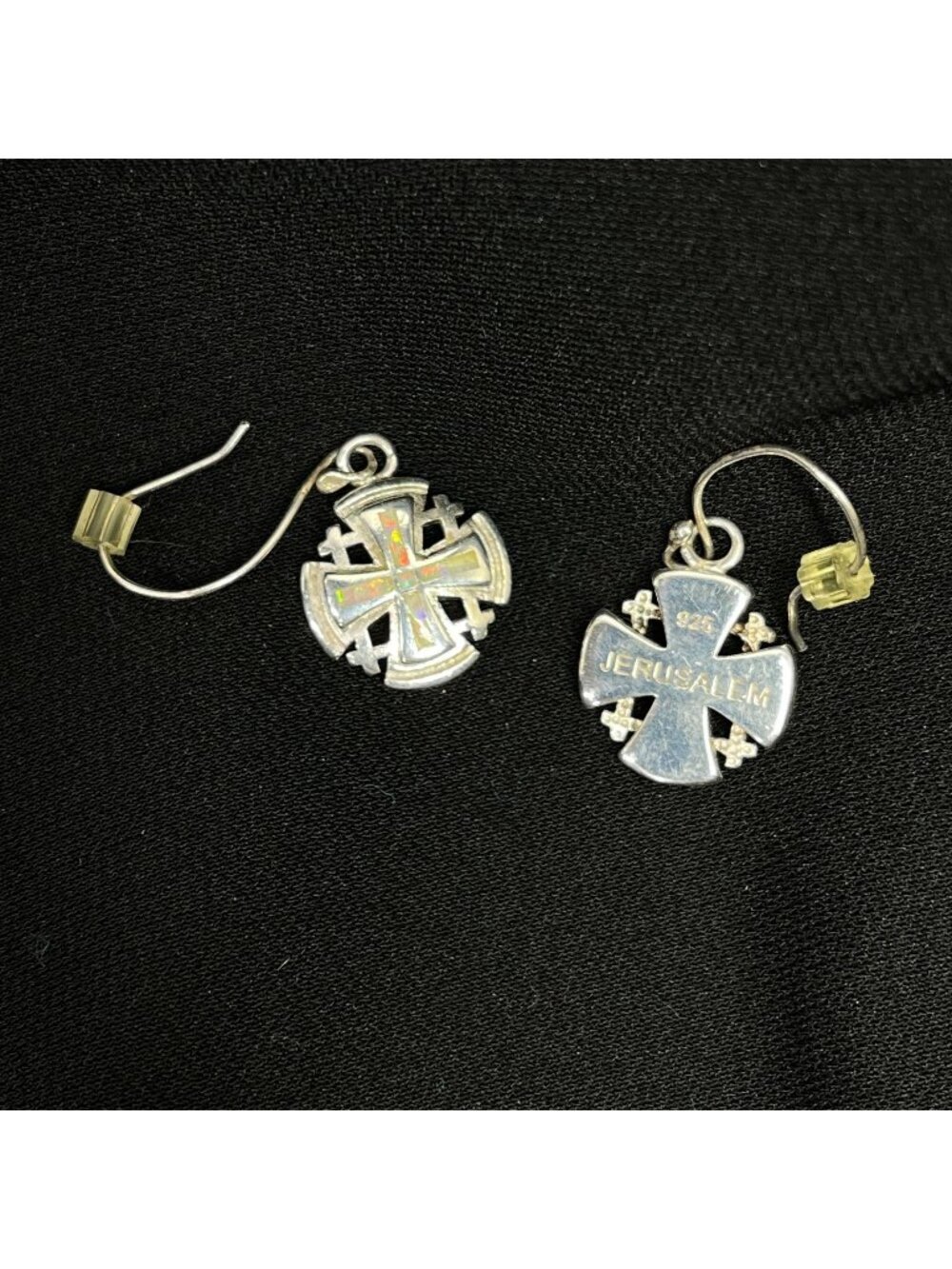Sterling Silver 925 Jerusalem Cross Earrings With Opal Inlay Dangle Hook Design